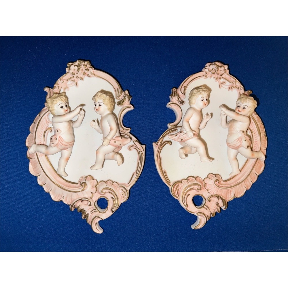 Vintage Pair Pink & White Lefton China Bisque Cherub Angel Wall Plaques